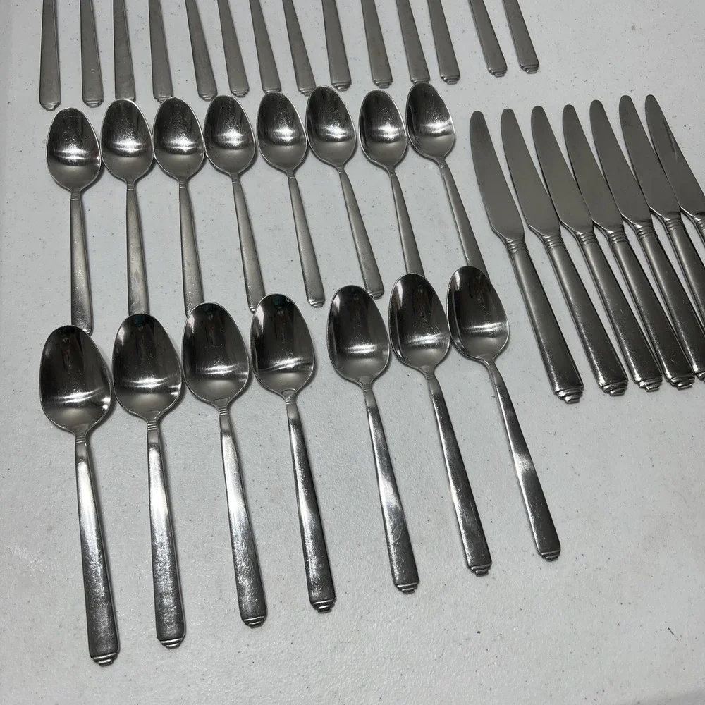 Solid Stainless Steel Ribbed LOT Of 36 Pieces Forks Spoons Knives -Unmarked